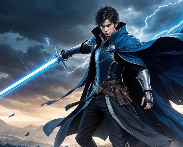 Heroic Figure with Glowing Sword Against Dramatic Sky