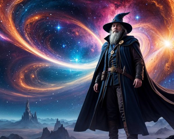 Wizard in Cosmic Landscape with Galaxies and Castle