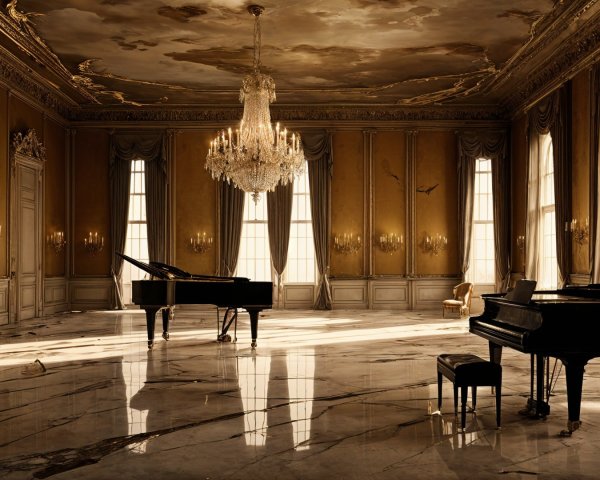 Luxurious Room with Grand Pianos and Opulent Décor