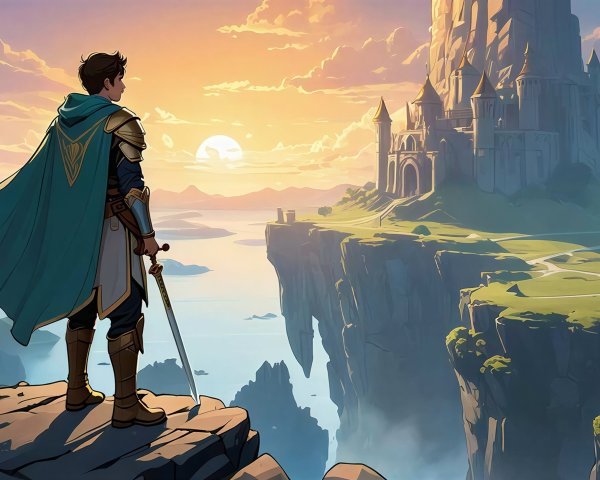 Male figure in armor with a teal cloak on a cliff