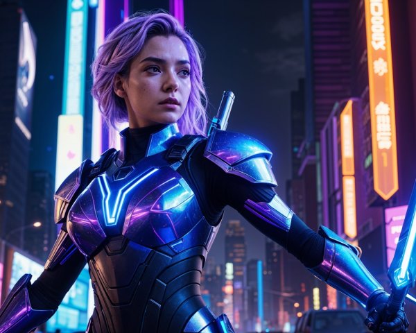 Futuristic cyberpunk warrior in neon cityscape
