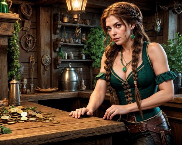 Confident Woman in Rustic Tavern with Vintage Decor