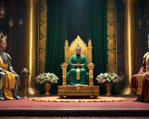 Regal Figure on Ornate Throne in Grand Royal Setting