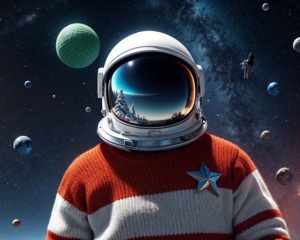 Astronaut in Striped Sweater Amidst Cosmic Scene