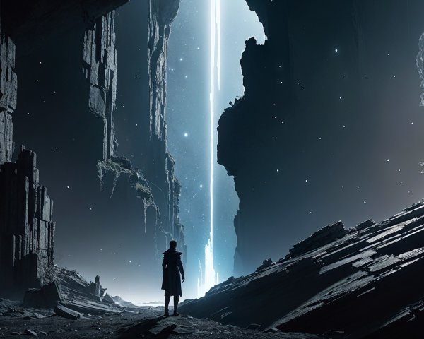 Lone figure at rocky chasm under cosmic light