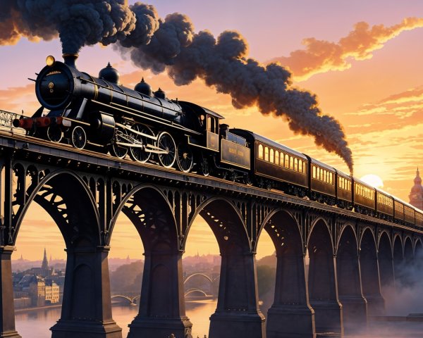 Steam Locomotive on Bridge at Sunset with Reflections