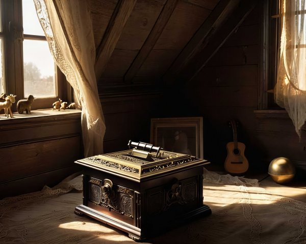 Sunlit Vintage Attic Room with Wooden Beams and Figurines