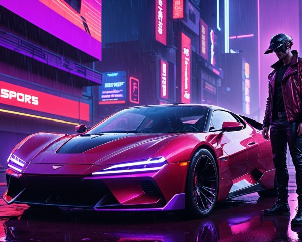 Futuristic Sports Car in Neon-Lit Cityscape