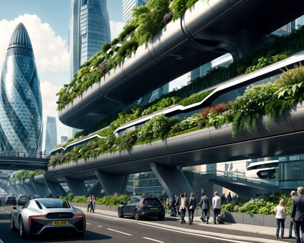 Futuristic Urban Scene with Modern Architecture and Transit