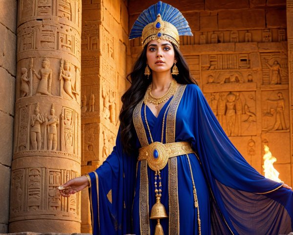 Woman in Blue Gown with Ancient Egyptian Backdrop