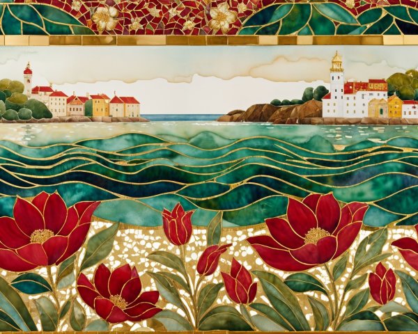 Vibrant Stained-Glass Coastal Scene with Flowers