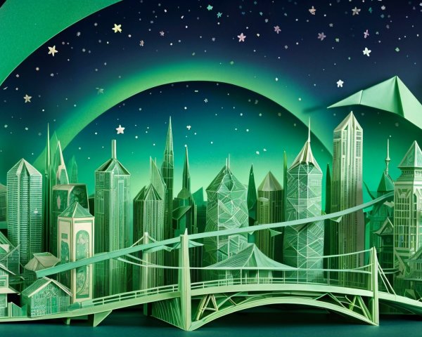 Whimsical Paper-Cut Cityscape Under Starry Sky