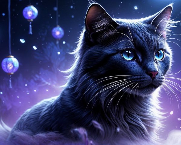 Majestic black cat with blue eyes in ethereal setting