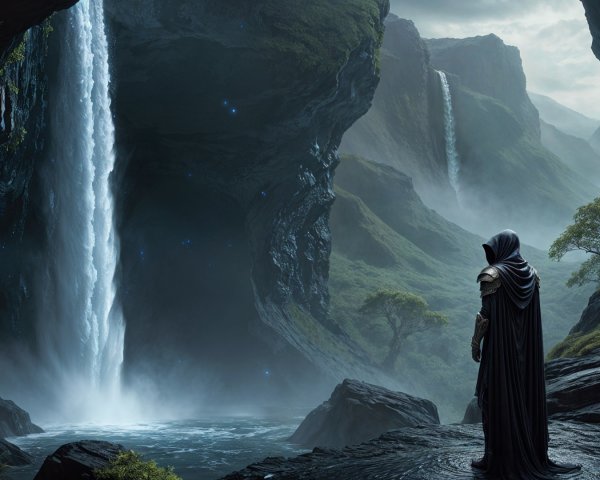 Cloaked Figure in Majestic Landscape with Waterfalls
