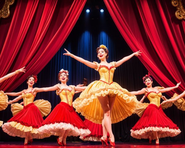 Vibrant Stage Scene with Six Dancers in Colorful Costumes