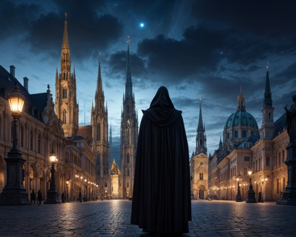 Cloaked Figure in Enchanted Gothic Cityscape at Night