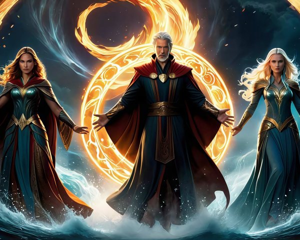 Figures in flowing gowns create magic rings in water