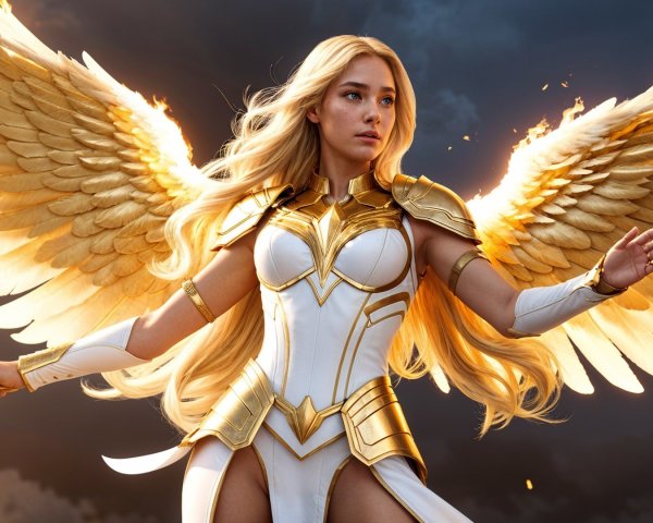 Majestic figure in white and gold armor against stormy sky