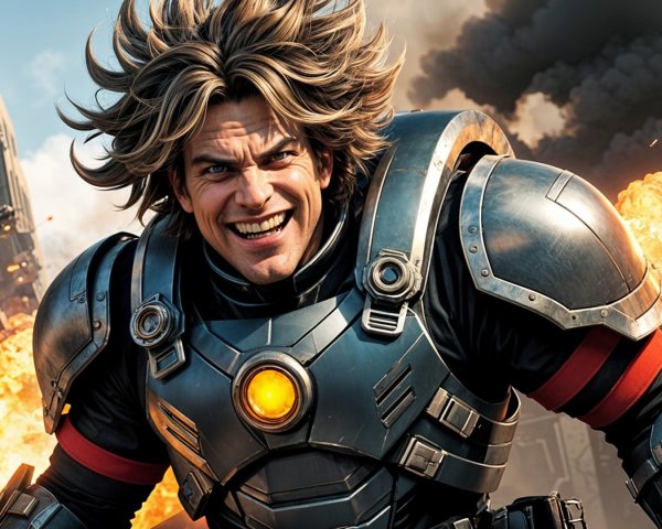Muscular Superhero in Futuristic Armor Amid Explosions