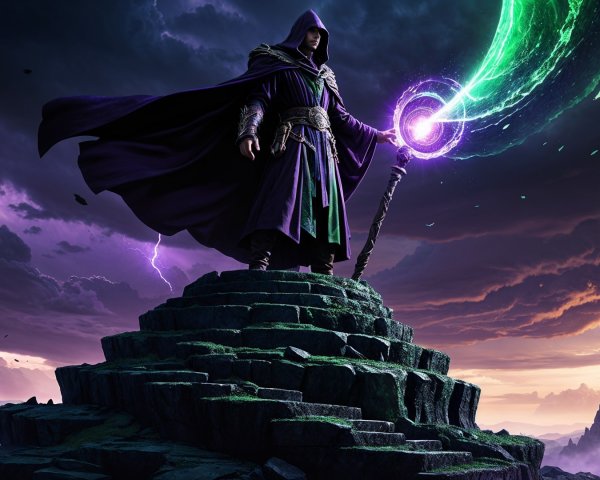 Sorcerer in Purple Robes with Glowing Staff and Stormy Sky