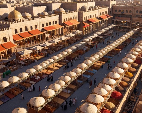 Vibrant Market Scene with Colorful Stalls and Goods