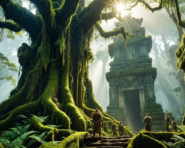Ancient Temple Surrounded by Jungle and Sunlight