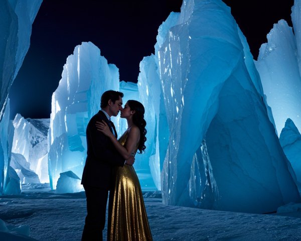 Romantic Kiss in an Icy Landscape with Blue Light