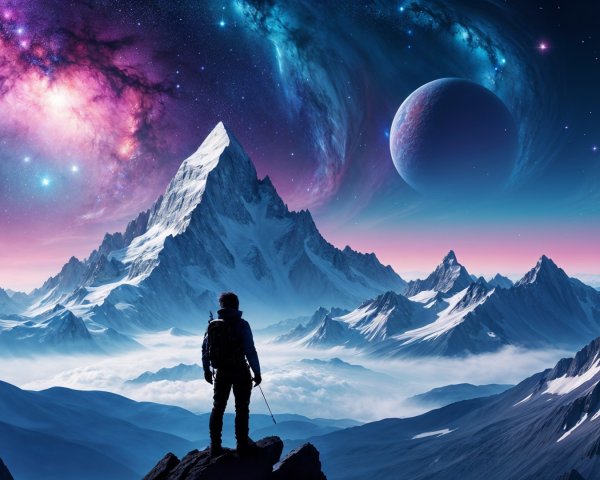 Lone Hiker Overlooking Cosmic Mountain Landscape