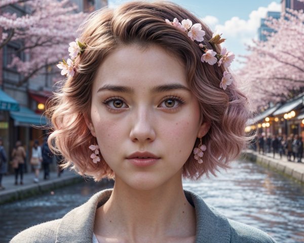 Young woman with flowers by cherry blossom canal