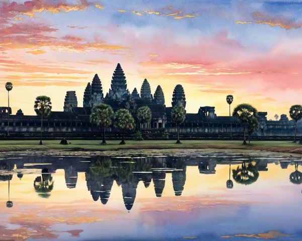 Angkor Wat Temple Complex at Sunrise with Reflection