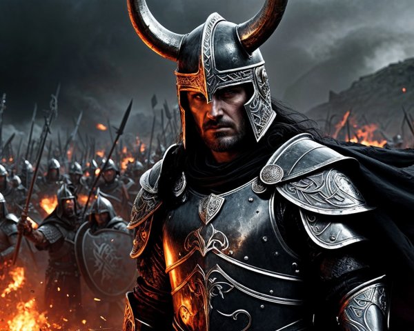 Fierce warrior in ornate armor on chaotic battlefield