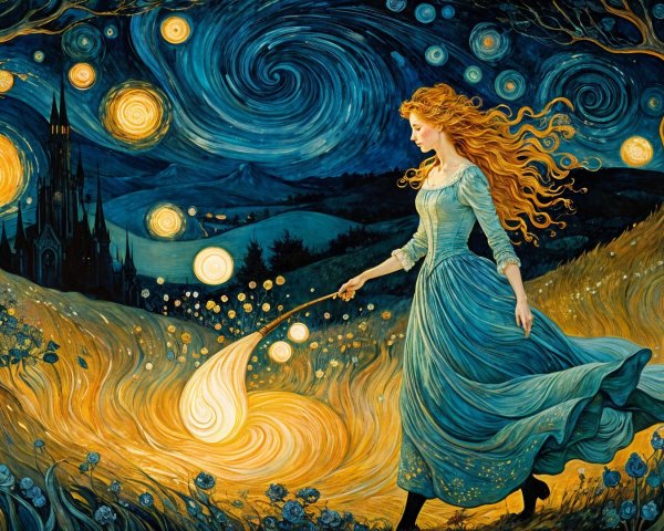 Whimsical Landscape with Young Woman and Celestial Elements