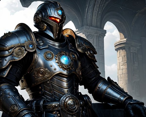 Ornate robot warrior in intricate metallic armor