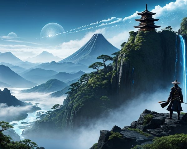 Lone Figure on Mountain Peak with Waterfalls and Volcano
