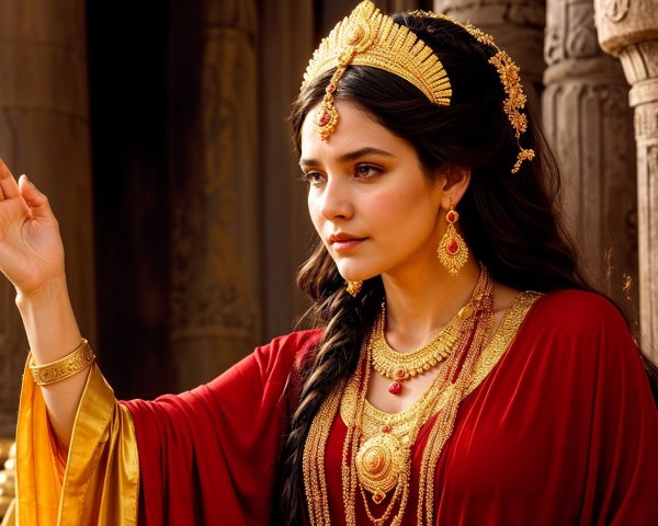 Regal Figure in Red Attire with Gold Jewelry
