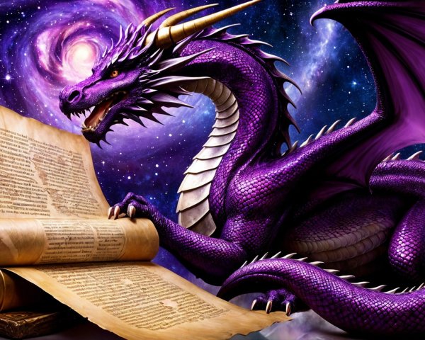 Purple dragon on cloud with ancient scroll in cosmic scene