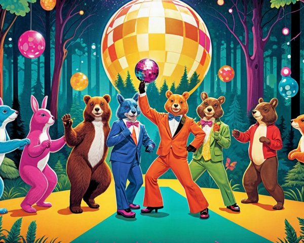 Anthropomorphic Animals Dancing at a Forest Party