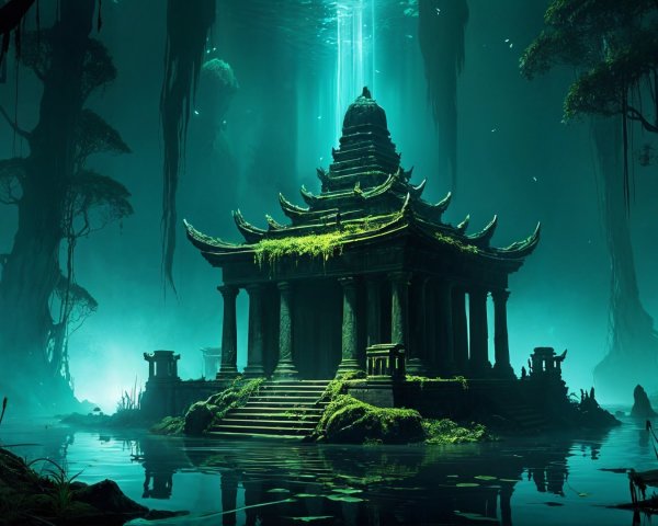 Mystical temple surrounded by serene water and trees