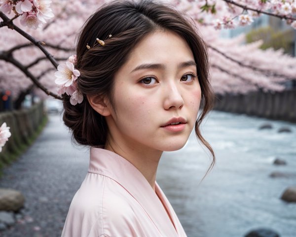 Young woman in cherry blossoms by a serene river