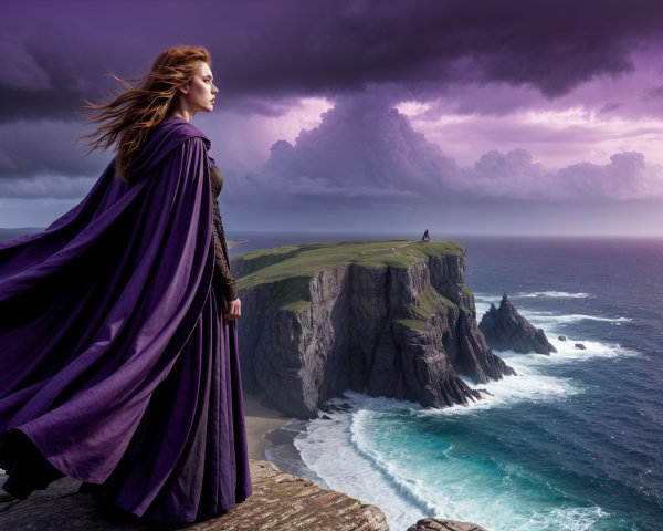 Lone Figure in Purple Cloak Overlooking Turbulent Sea