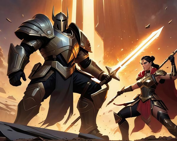 Knight and Female Warrior Duel in Fiery Landscape