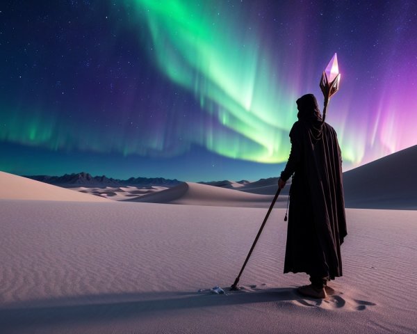 Cloaked figure in desert under vibrant aurora lights