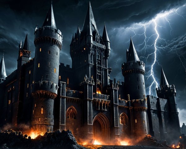 Dark Castle Under Stormy Sky with Lightning and Flames