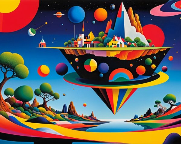 Surreal Landscape with Floating Island and Cosmic Backdrop