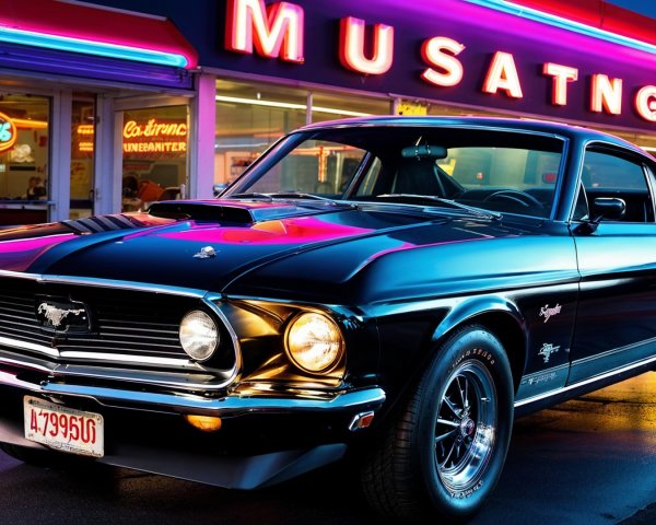 1968 Ford Mustang in Front of Retro Diner at Night