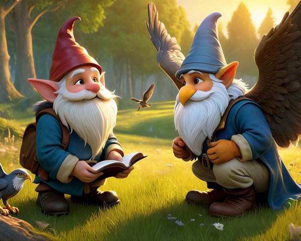 Gnomes in a Field with Flowers and a Sunset Background
