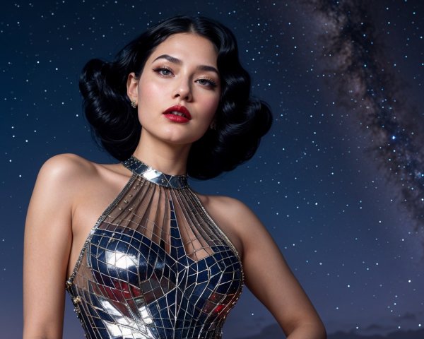 Model in Metallic Gown Against Starry Night Sky