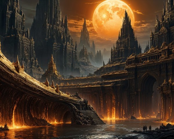 Gothic Landscape with Moon, Lava, and Dark Water