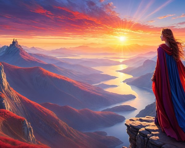 Woman in Cape Overlooking Sunset Landscape with Mountains