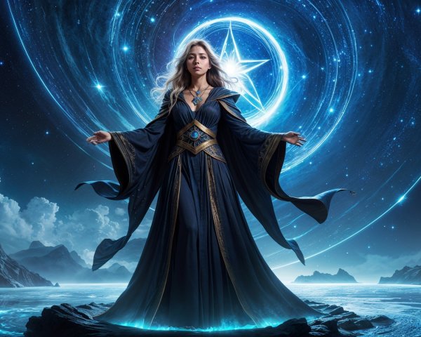 Mystical Figure on Rocky Outcrop with Cosmic Background